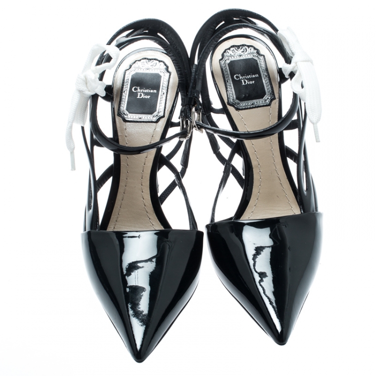 Pre Owned Dior Dark Blue Patent Leather Cut Out Ankle Strap Pointed Toe Sandals Size 36.5