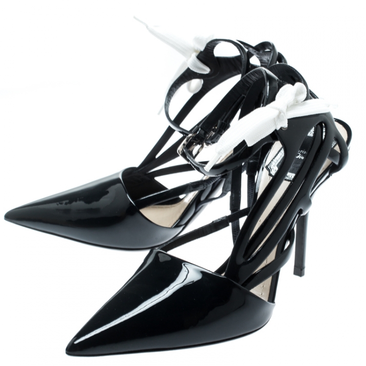 Pre Owned Dior Dark Blue Patent Leather Cut Out Ankle Strap Pointed Toe Sandals Size 36.5