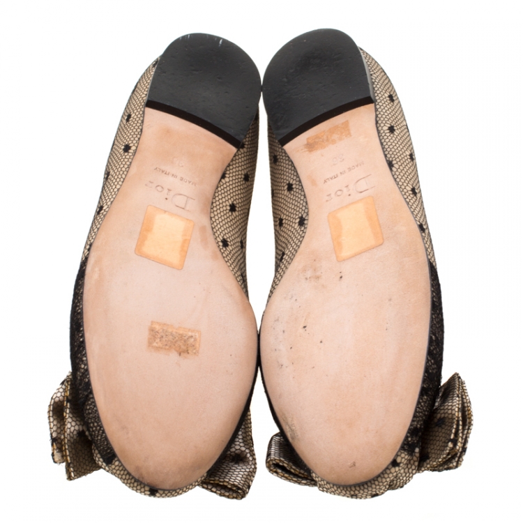 Pre Owned Christian Dior Beige Satin And Black Polka Dot Lace Bow Ballet Flat Size 36