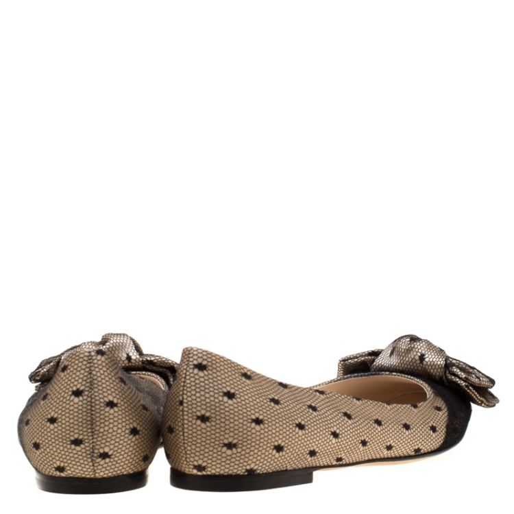 Pre Owned Christian Dior Beige Satin And Black Polka Dot Lace Bow Ballet Flat Size 36