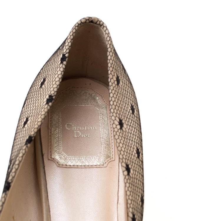 Pre Owned Christian Dior Beige Satin And Black Polka Dot Lace Bow Ballet Flat Size 36
