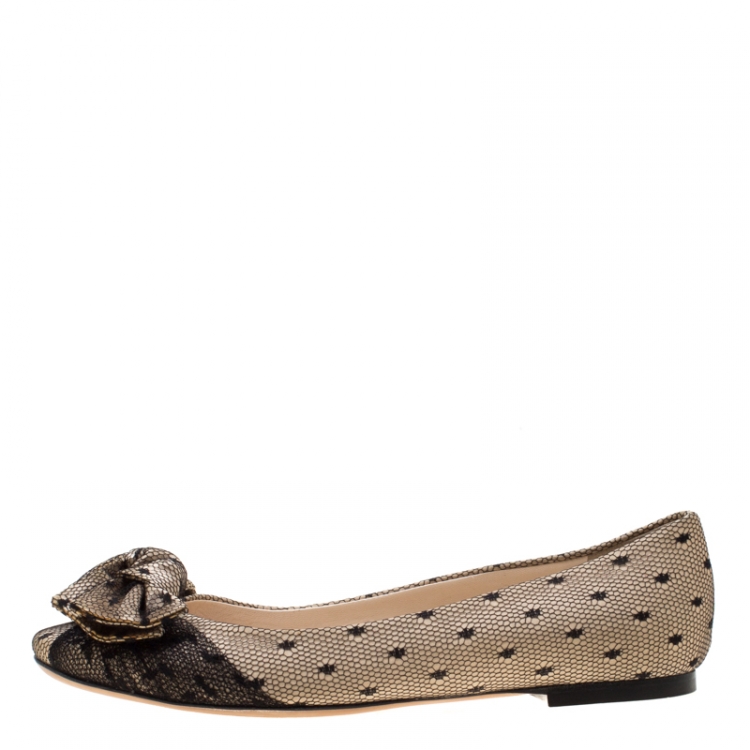 Pre Owned Christian Dior Beige Satin And Black Polka Dot Lace Bow Ballet Flat Size 36