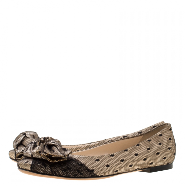 Pre Owned Christian Dior Beige Satin And Black Polka Dot Lace Bow Ballet Flat Size 36