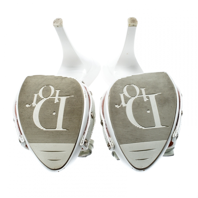 Pre Owned Dior White Cannage Quilted Patent Leather Bow Detail Peep Toe Clogs Size 37.5