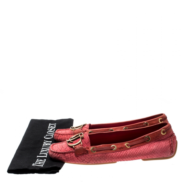 Pre Owned Dior Red Snake Embossed Suede And Leather CD Boatstitched Loafers Size 38