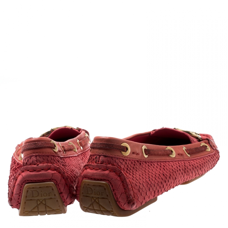 Pre Owned Dior Red Snake Embossed Suede And Leather CD Boatstitched Loafers Size 38
