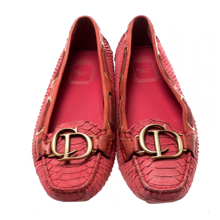Pre Owned Dior Red Snake Embossed Suede And Leather CD Boatstitched Loafers Size 38
