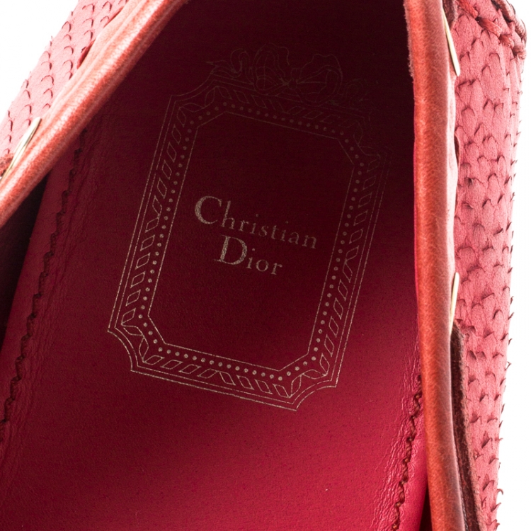 Pre Owned Dior Red Snake Embossed Suede And Leather CD Boatstitched Loafers Size 38
