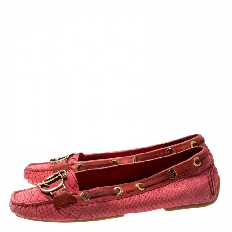 Pre Owned Dior Red Snake Embossed Suede And Leather CD Boatstitched Loafers Size 38