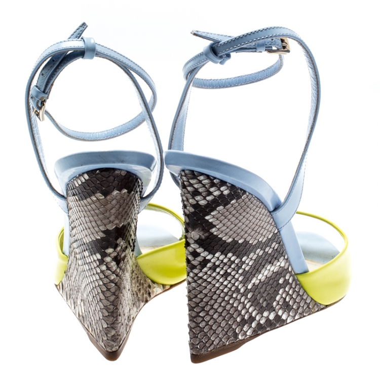 Pre Owned Dior Multicolor Leather And Python Leather Wedge Ankle Wrap Sandals Size 39