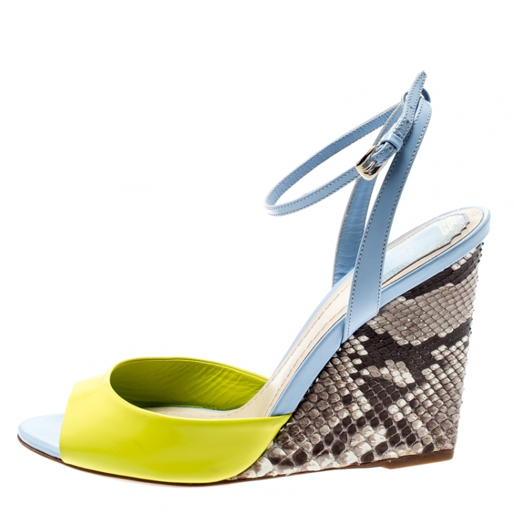 Pre Owned Dior Multicolor Leather And Python Leather Wedge Ankle Wrap Sandals Size 39