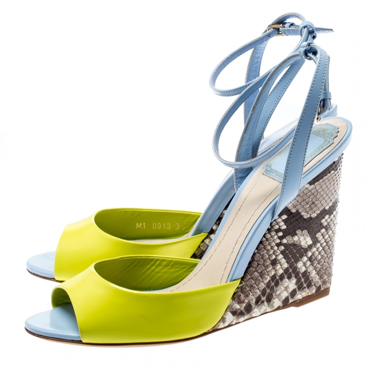 Pre Owned Dior Multicolor Leather And Python Leather Wedge Ankle Wrap Sandals Size 39