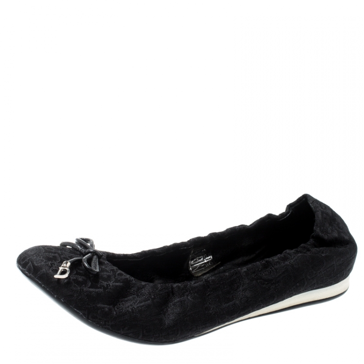 Pre Owned Dior Black Diorissimo Canvas Bow Detail Scrunch Ballet Flats Size 38