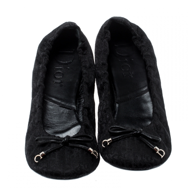 Pre Owned Dior Black Diorissimo Canvas Bow Detail Scrunch Ballet Flats Size 38