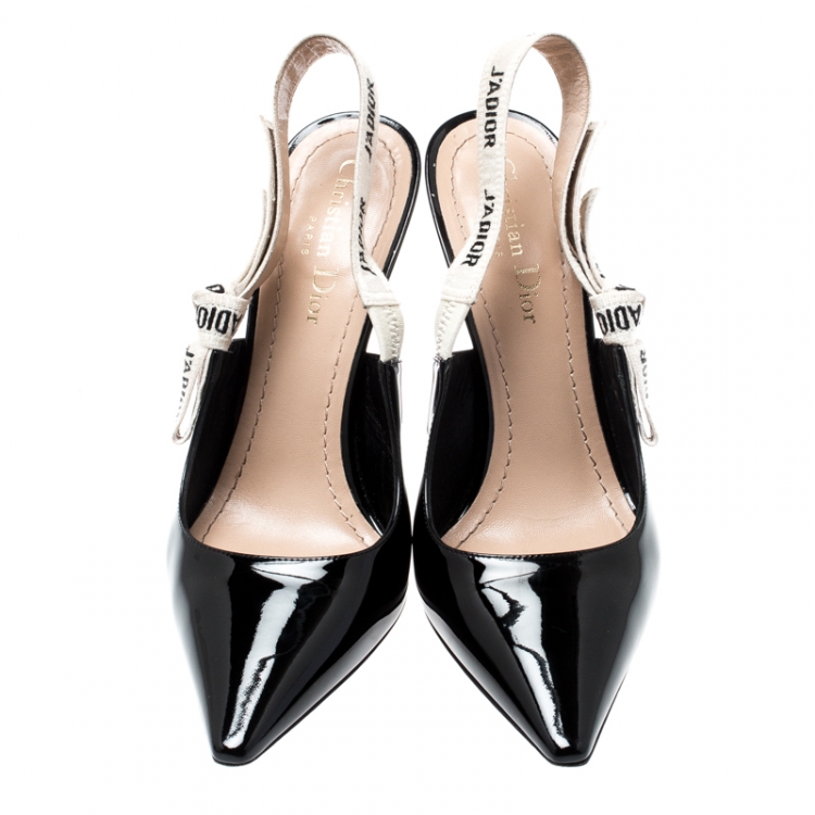 Pre Owned Dior Black Patent Leather J'adior Ribbon Pointed Toe Slingback Sandals Size 37.5