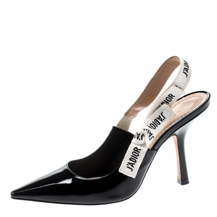 Pre Owned Dior Black Patent Leather J'adior Ribbon Pointed Toe Slingback Sandals Size 37.5