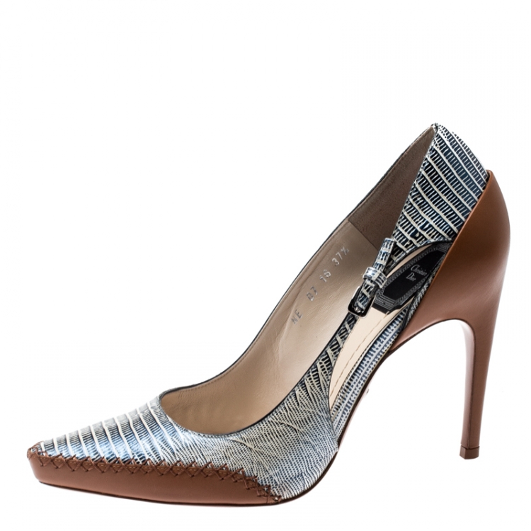 Pre Owned Dior Tricolor Lizard Embossed Leather Dior Native Cut Out Pointed Toe Pumps Size 37.5