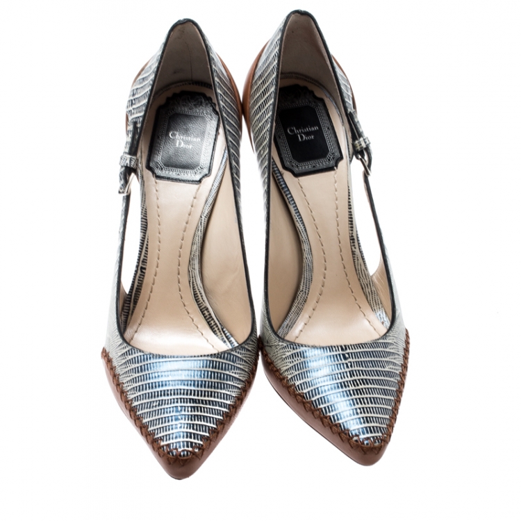 Pre Owned Dior Tricolor Lizard Embossed Leather Dior Native Cut Out Pointed Toe Pumps Size 37.5