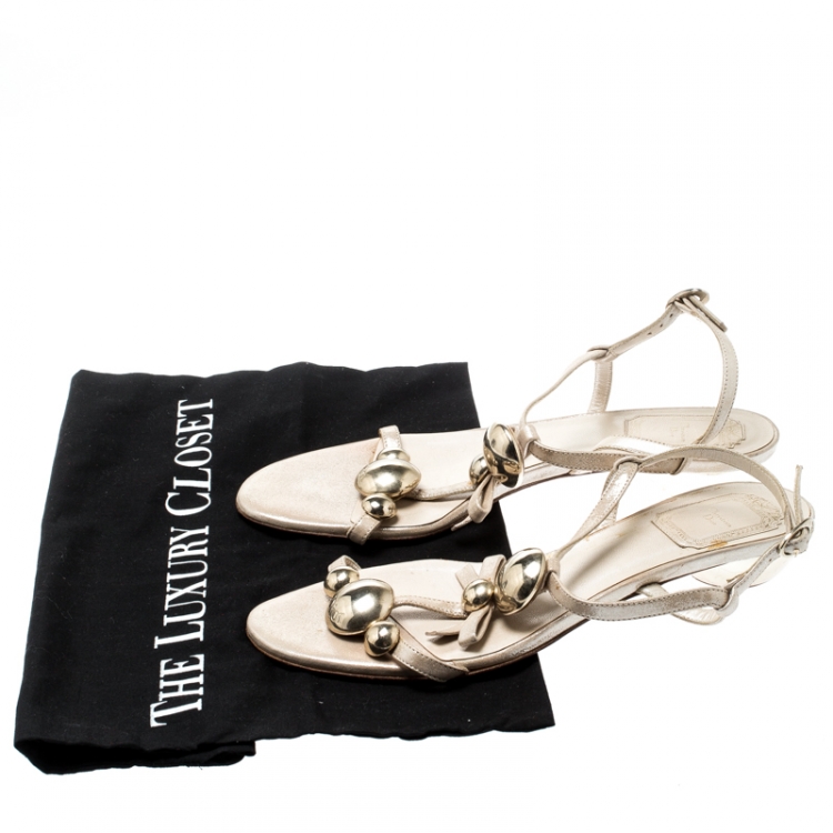 مملوكة مسبقًا Dior Metallic Beige Suede Jaipur Studded Bow T-Strap Sandals Size 37.5