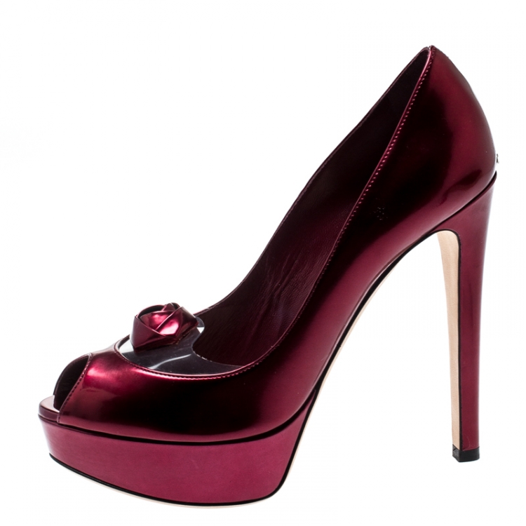 Pre Owned Dior Metallic Burgundy Leather And PVC Rose Detail Peep Toe Platform Pumps Size 38