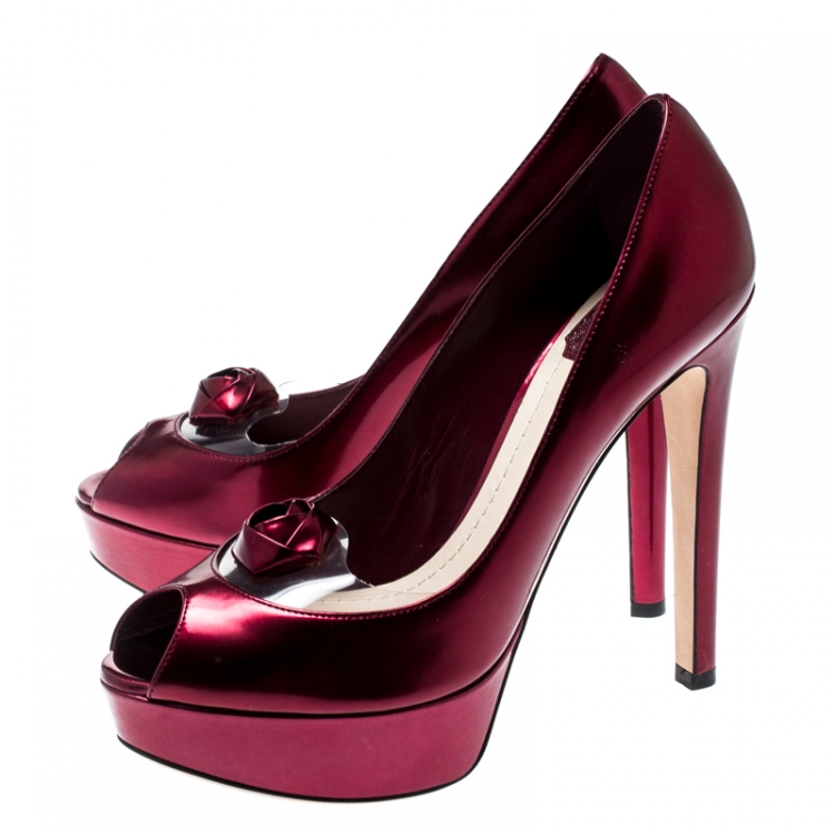 Pre Owned Dior Metallic Burgundy Leather And PVC Rose Detail Peep Toe Platform Pumps Size 38