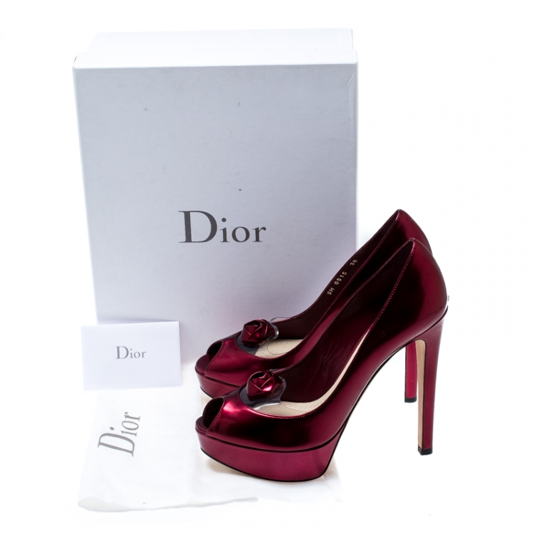 Pre Owned Dior Metallic Burgundy Leather And PVC Rose Detail Peep Toe Platform Pumps Size 38