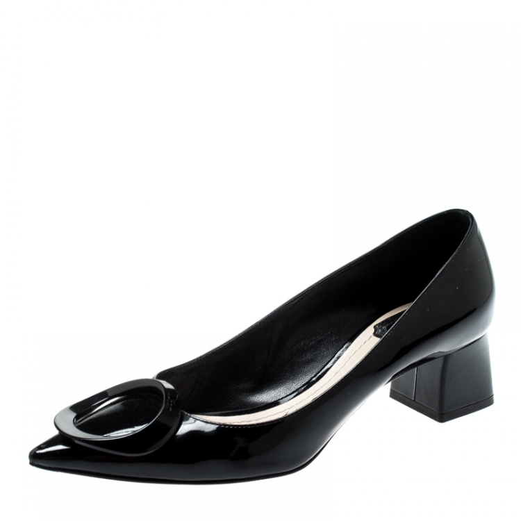 Pre Owned Dior Black Patent Leather Buckle Detail Pointed Toe Pumps Size 38