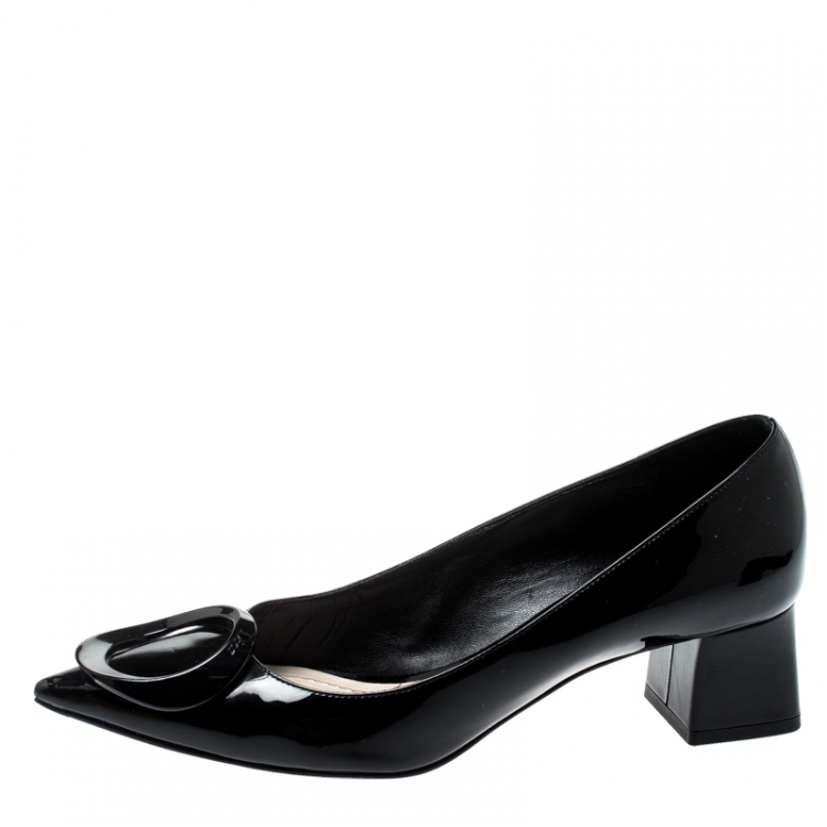 Pre Owned Dior Black Patent Leather Buckle Detail Pointed Toe Pumps Size 38