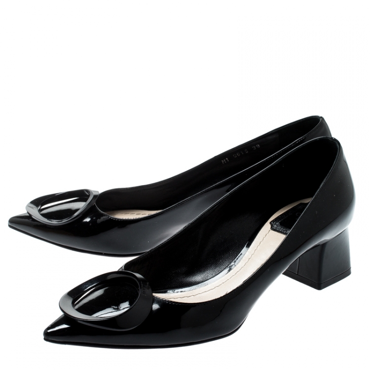 Pre Owned Dior Black Patent Leather Buckle Detail Pointed Toe Pumps Size 38