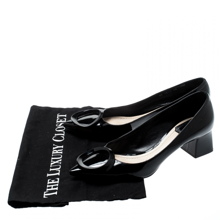 Pre Owned Dior Black Patent Leather Buckle Detail Pointed Toe Pumps Size 38