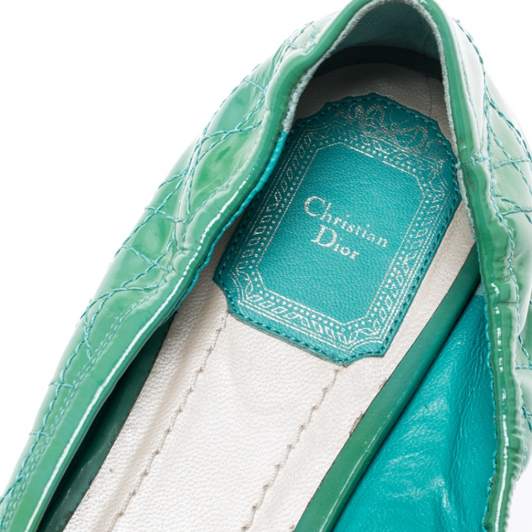 Pre Owned Dior Green Patent Cannage Leather Icon Metal Cap Toe Bow Scrunch Ballet Flats Size 38.5