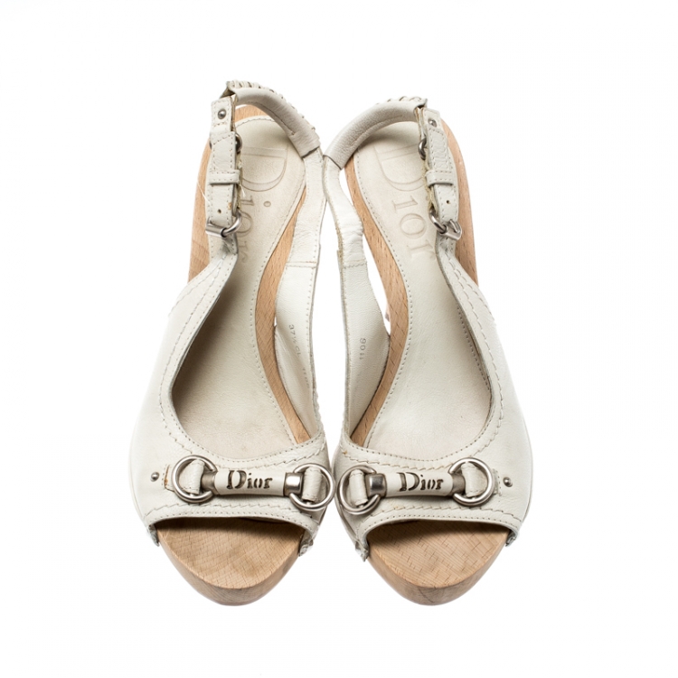 Pre Owned Dior Cream Leather Slingback Open Toe Platform Sandals Size 37.5