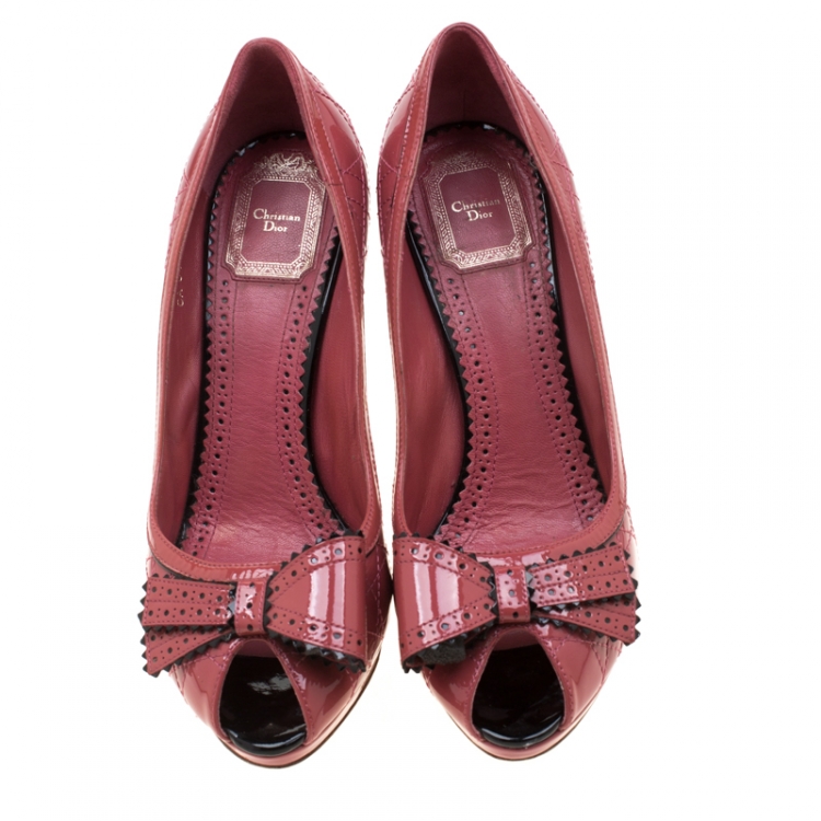 Pre Owned Dior Pink Patent Cannage Leather Peep Toe Platform Pumps Size 39.5