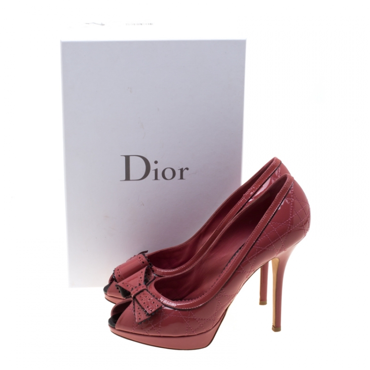 Pre Owned Dior Pink Patent Cannage Leather Peep Toe Platform Pumps Size 39.5