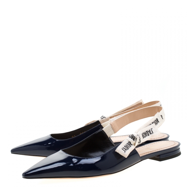 Pre Owned Dior Blue Patent Leather J'adior Ribbon Pointed Toe Slingback Sandals Size 39