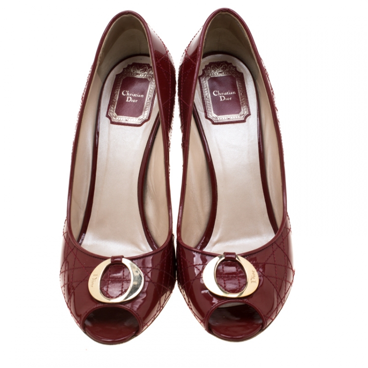 Pre Owned Dior Red Patent Leather Cannage Quilt Peep Toe Pumps Size 40