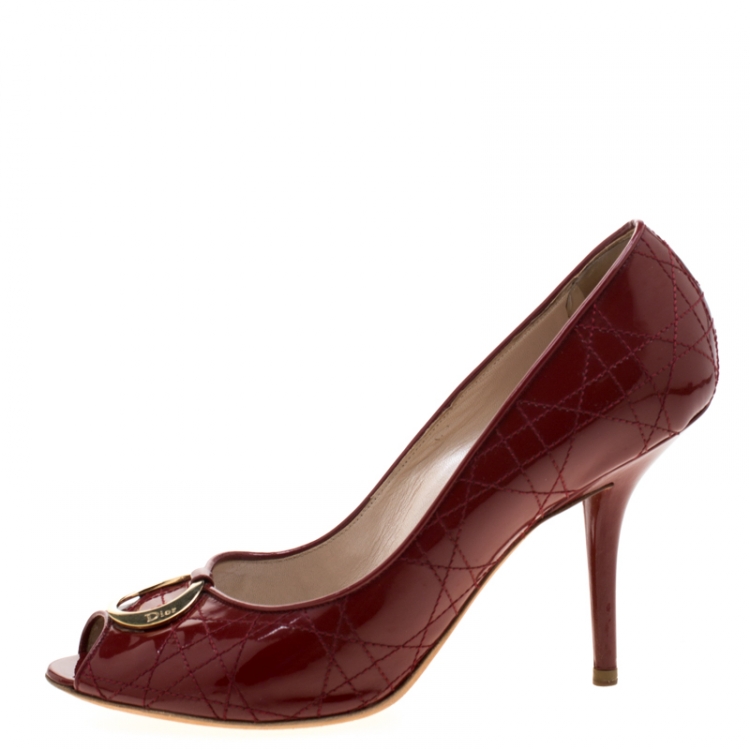 Pre Owned Dior Red Patent Leather Cannage Quilt Peep Toe Pumps Size 40