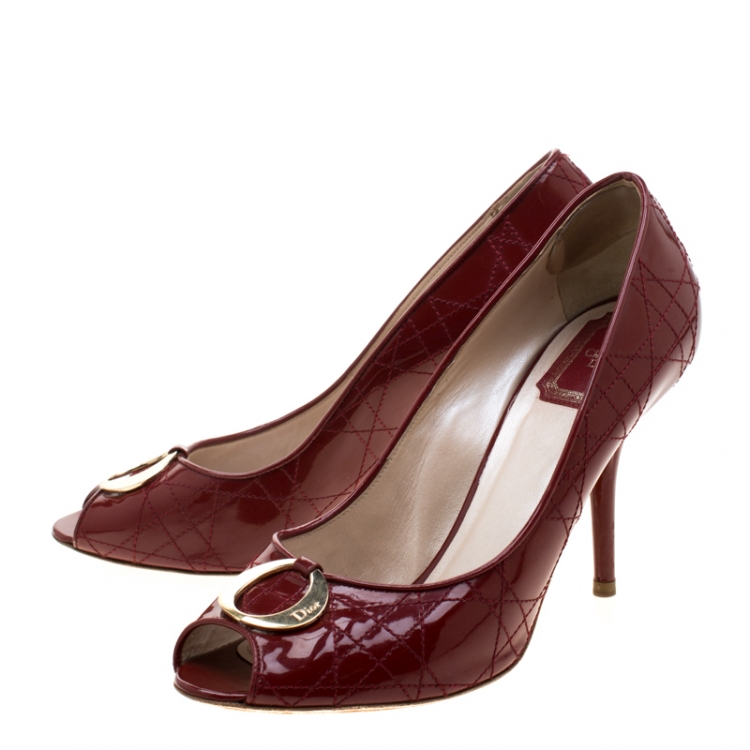 Pre Owned Dior Red Patent Leather Cannage Quilt Peep Toe Pumps Size 40