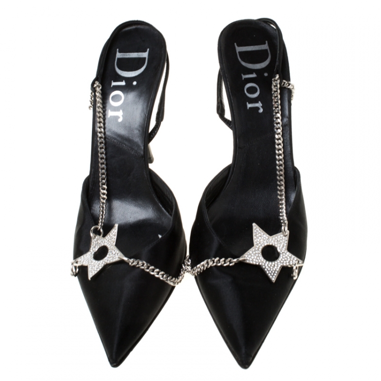 Pre Owned Dior Black Satin Star Embellished Pointed Toe Slingback Sandals Size 38