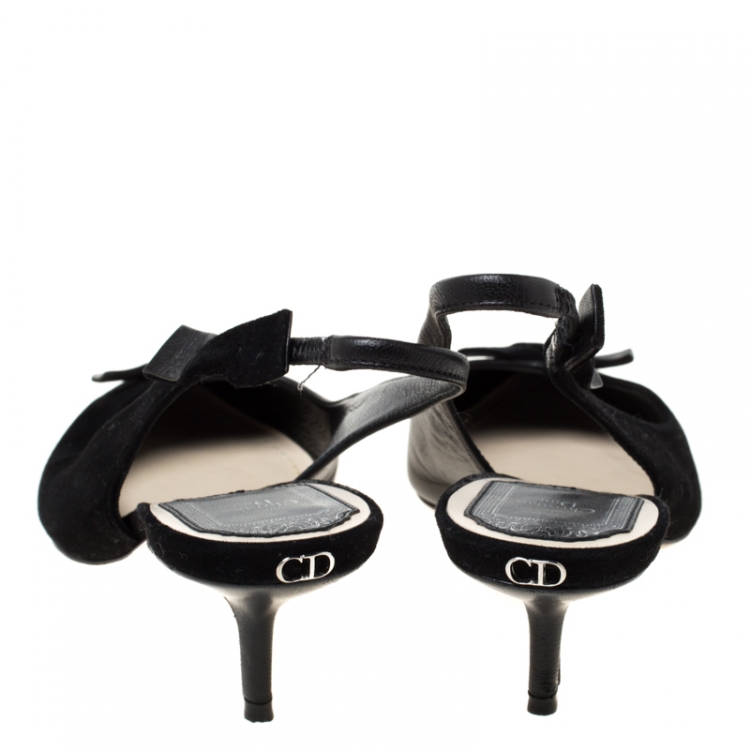 Pre Owned Dior Black Suede/Leather Bow Slingback Sandals Size 36