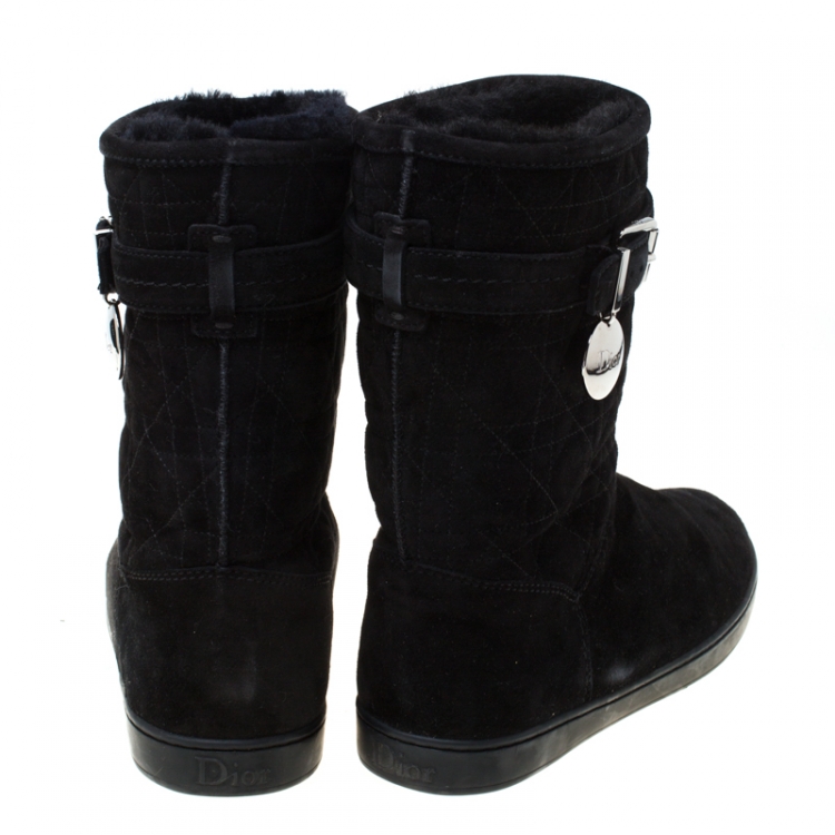 Pre Owned Dior Black Cannage Suede Fur Lined Snow Boots Size 38.5