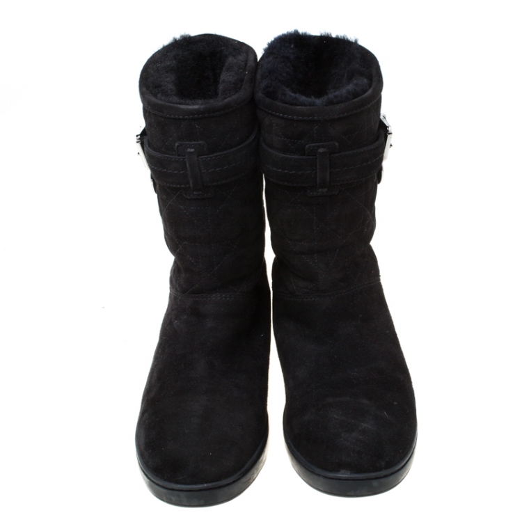 Pre Owned Dior Black Cannage Suede Fur Lined Snow Boots Size 38.5