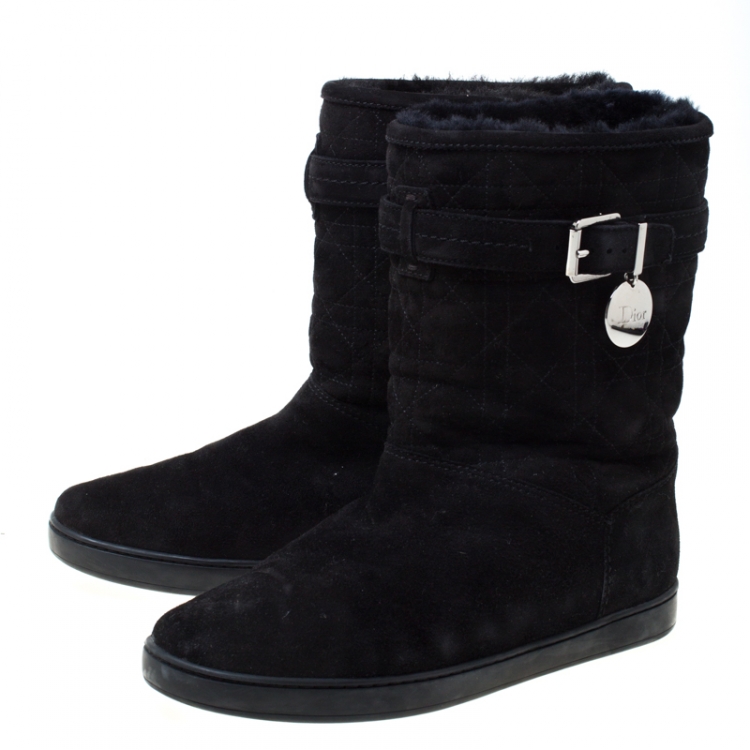 Pre Owned Dior Black Cannage Suede Fur Lined Snow Boots Size 38.5