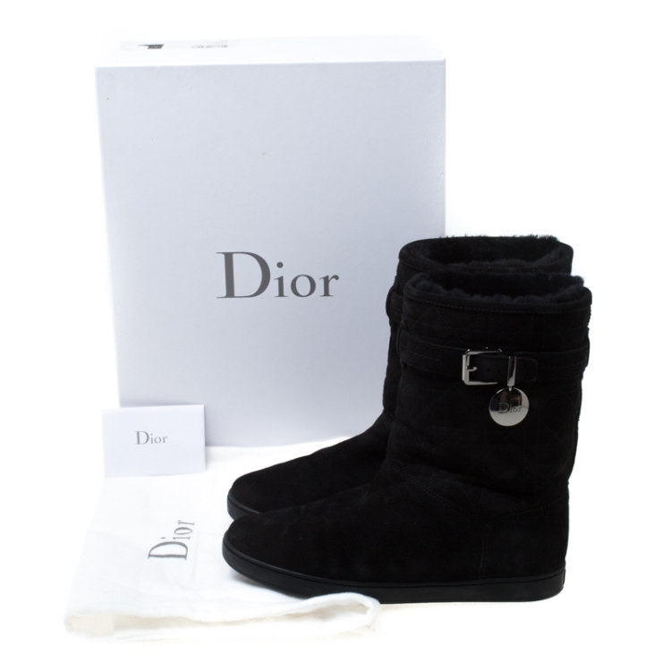 Pre Owned Dior Black Cannage Suede Fur Lined Snow Boots Size 38.5