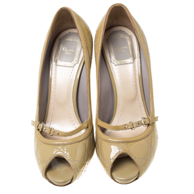 Pre Owned Dior Beige Cannage Patent Leather Peep Toe Platform Pumps Size 37