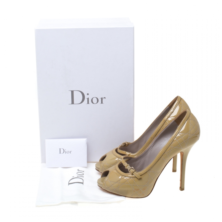 Pre Owned Dior Beige Cannage Patent Leather Peep Toe Platform Pumps Size 37