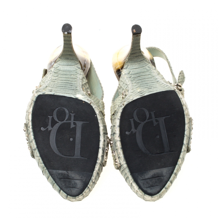 Pre Owned Dior Green Python Leather Cross Strap Slingback Platform Sandals Size 41