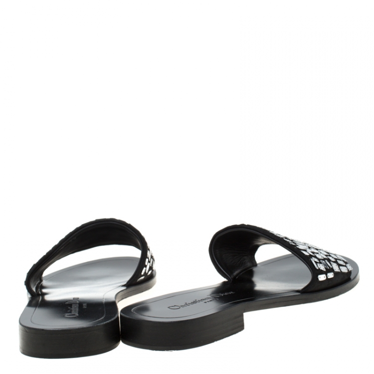 Pre Owned Dior Black Mirror Embroidered Suede Mosaic Slides Size 39