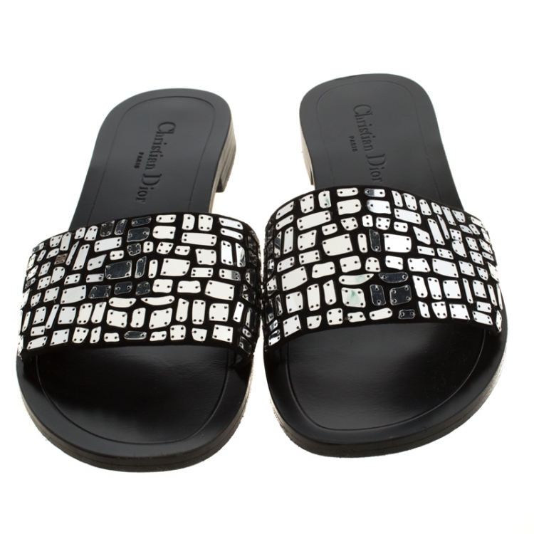 Pre Owned Dior Black Mirror Embroidered Suede Mosaic Slides Size 39