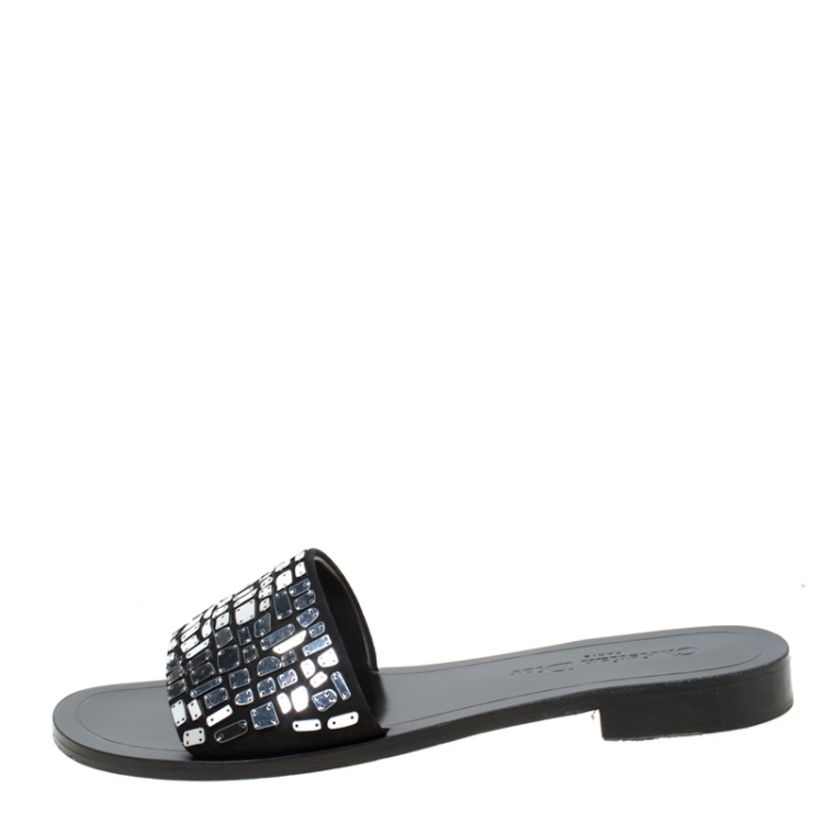 Pre Owned Dior Black Mirror Embroidered Suede Mosaic Slides Size 39